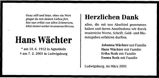 Waechter Hans 1912-2001 Todesanzeige